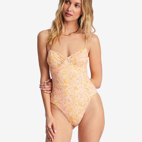 Billabong Floral Orange Orchid Haze Underwire Ruched Swim One Piece - Picture 3 of 9